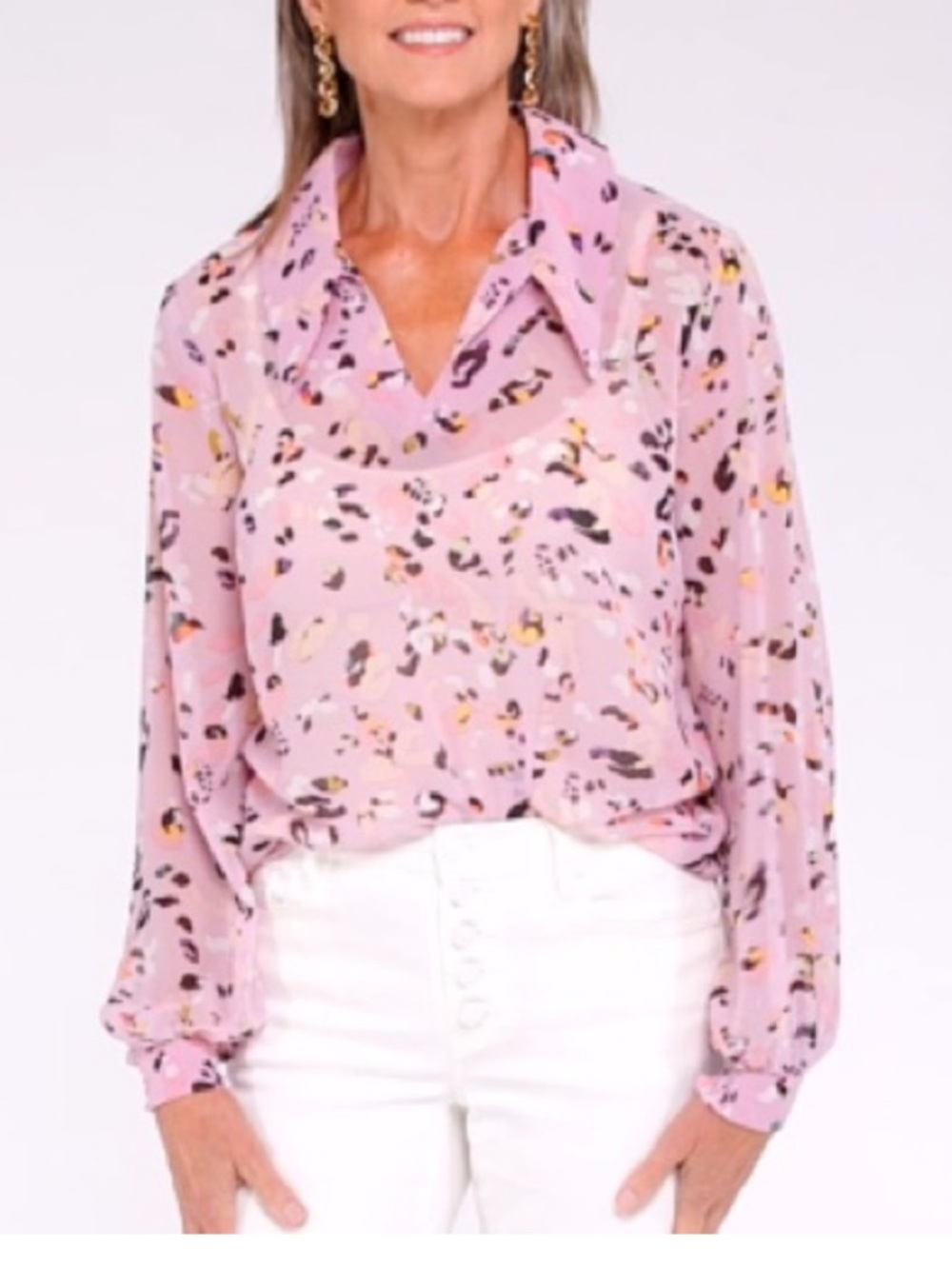 CAbi Pounce Pink Panther Print Blouse Sz S